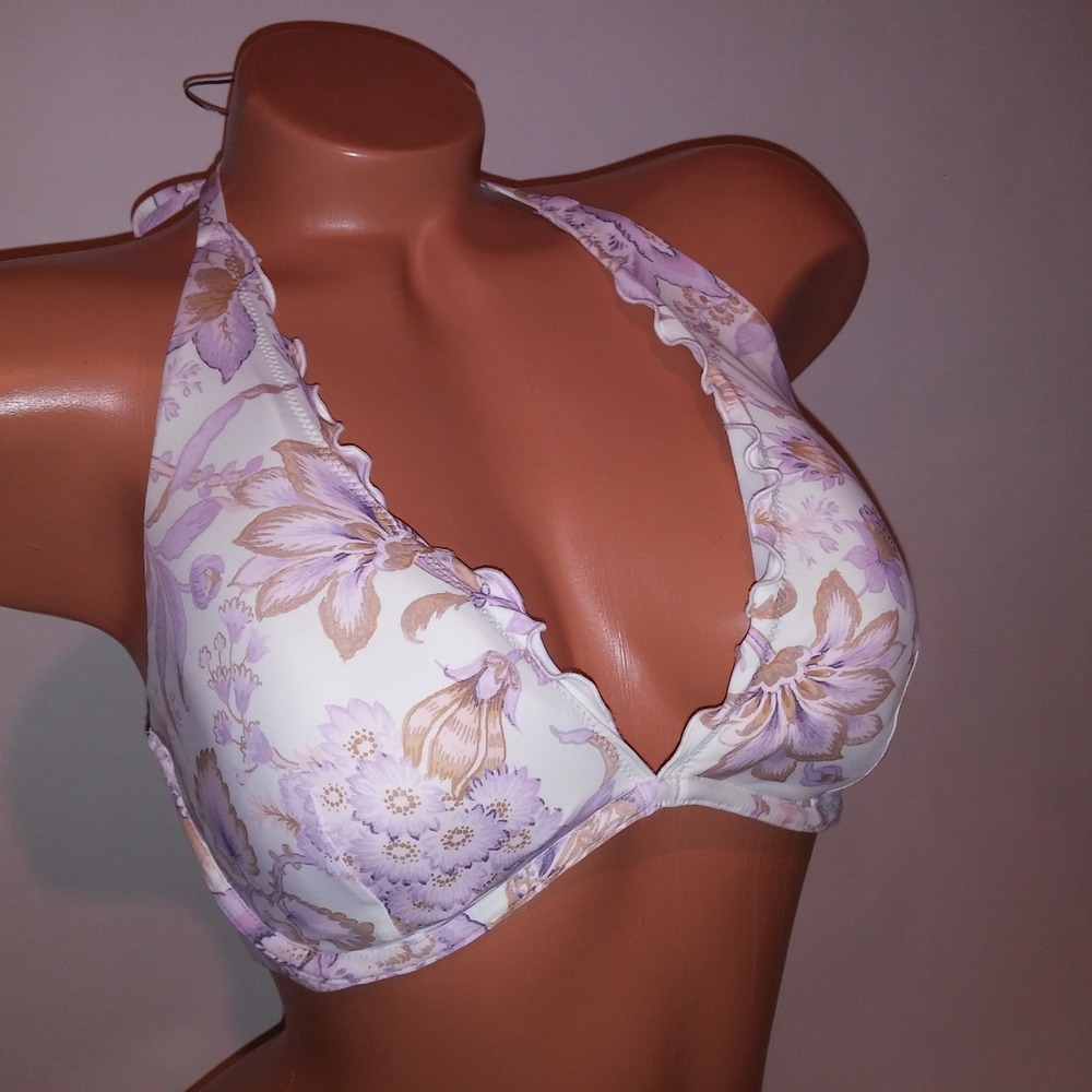 Victoria Secret Swim Bikini Top 34DD Purple White Floral Ruffle Trim Underwire